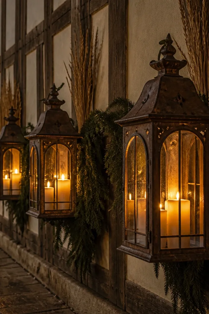 Rusted metal lantern wall with warm LED candles and greenery