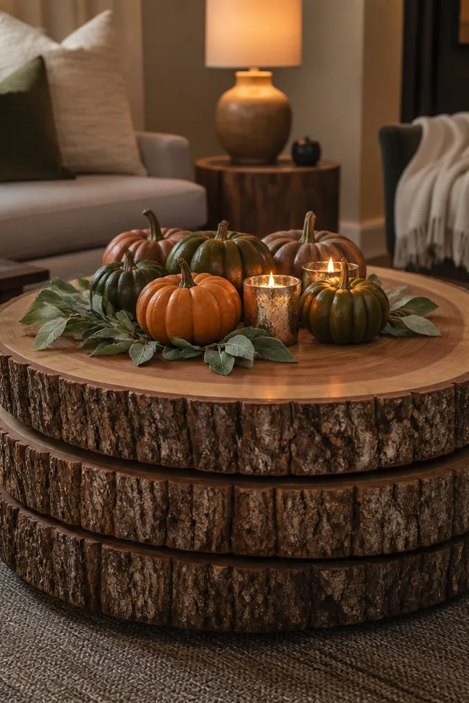 Cedar log cocktail table with mini pumpkins, sage, and candles