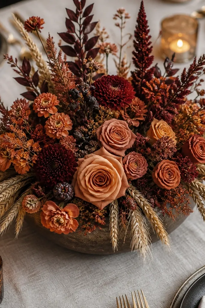 Terracotta and burgundy ombre centerpiece with dried accents