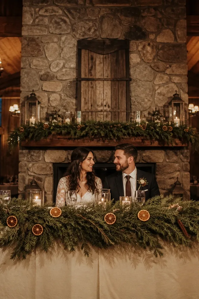 Evergreen garland with dried orange slices on a head table backdrop