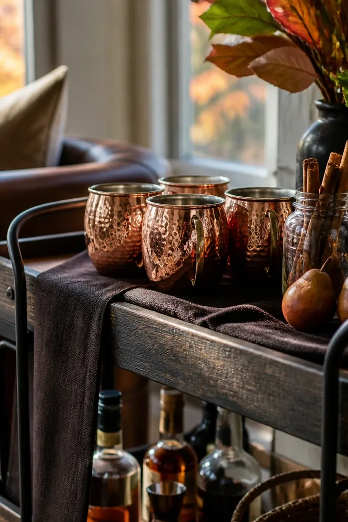 Rustic bar cart with copper mugs and dark coffee linen runner