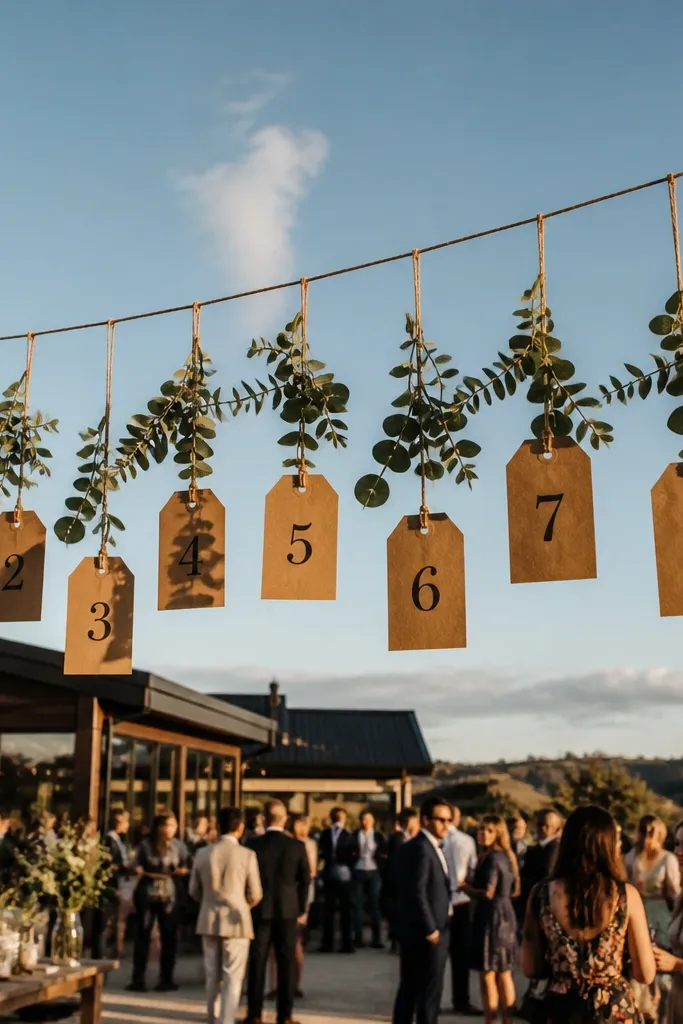 Hanging escort tags on twine with eucalyptus and seeded greenery