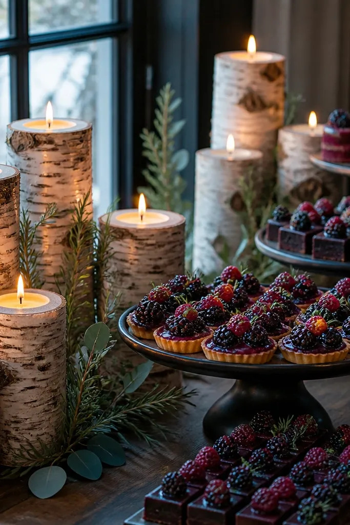 Birch log pedestals with candles and small fall desserts
