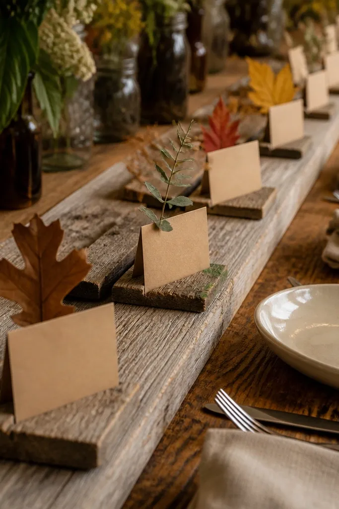 Reclaimed fence board place card display with kraft cards