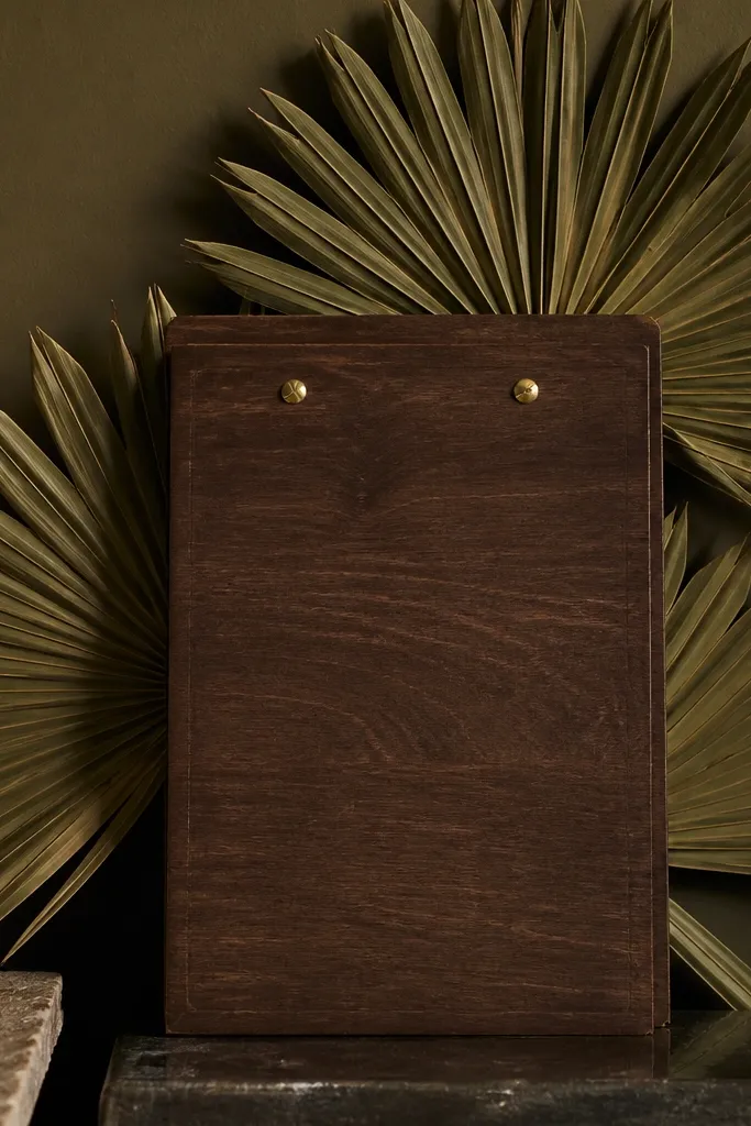 Smoked olive menu board with dried palm fronds and kraft paper