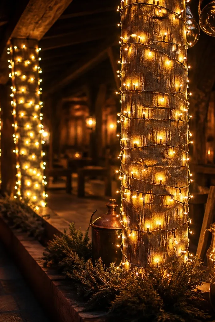 Amber string lights wrapped around timber columns with dried greenery
