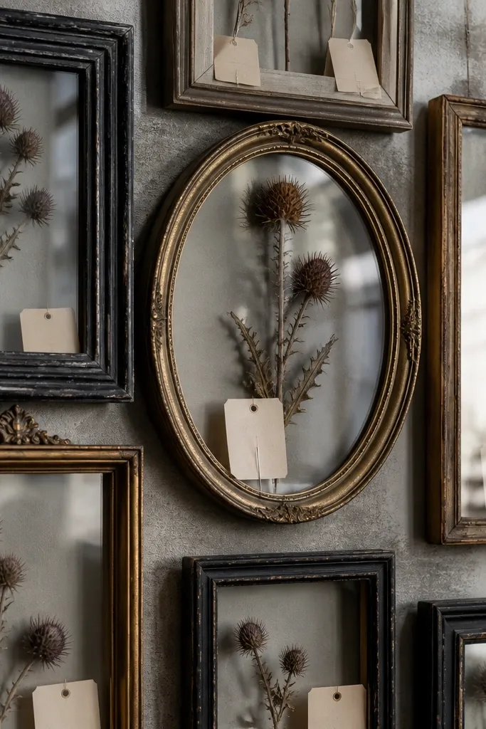 Vintage picture frames with dried thistle and handwritten notes