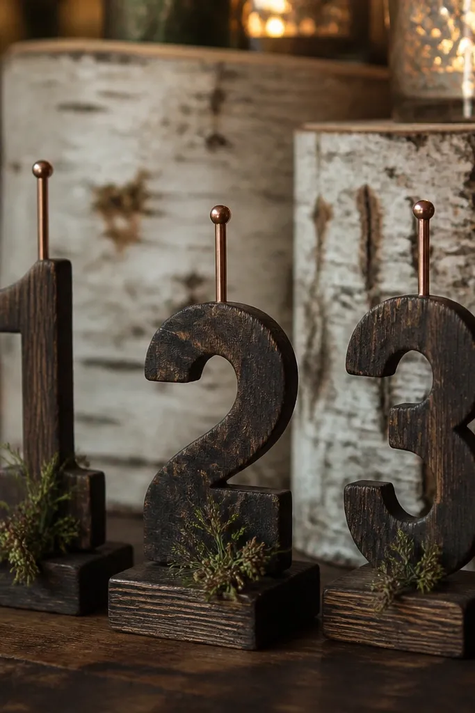 Burnt wood table numbers with copper pins and small greenery