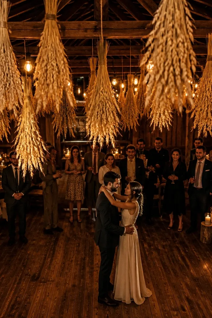 Hanging wheat bundles above a rustic dance floor with warm lights