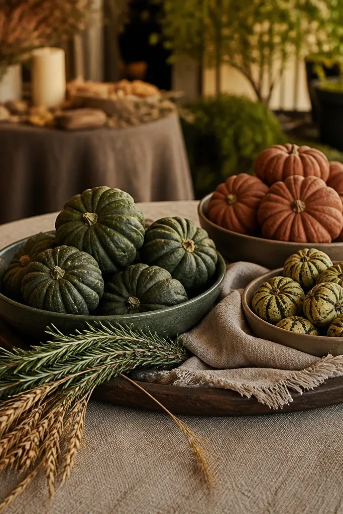 Mini squash in olive and clay tones on a wooden table with candles