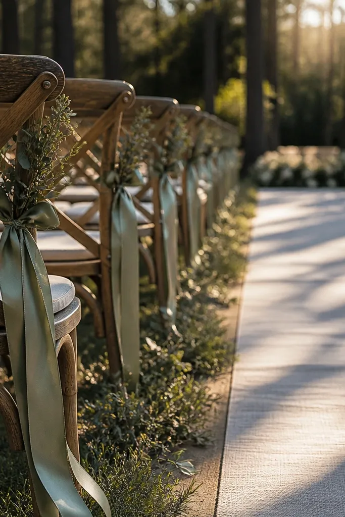 Olive ribbon aisle markers tied to chairs with dried greenery