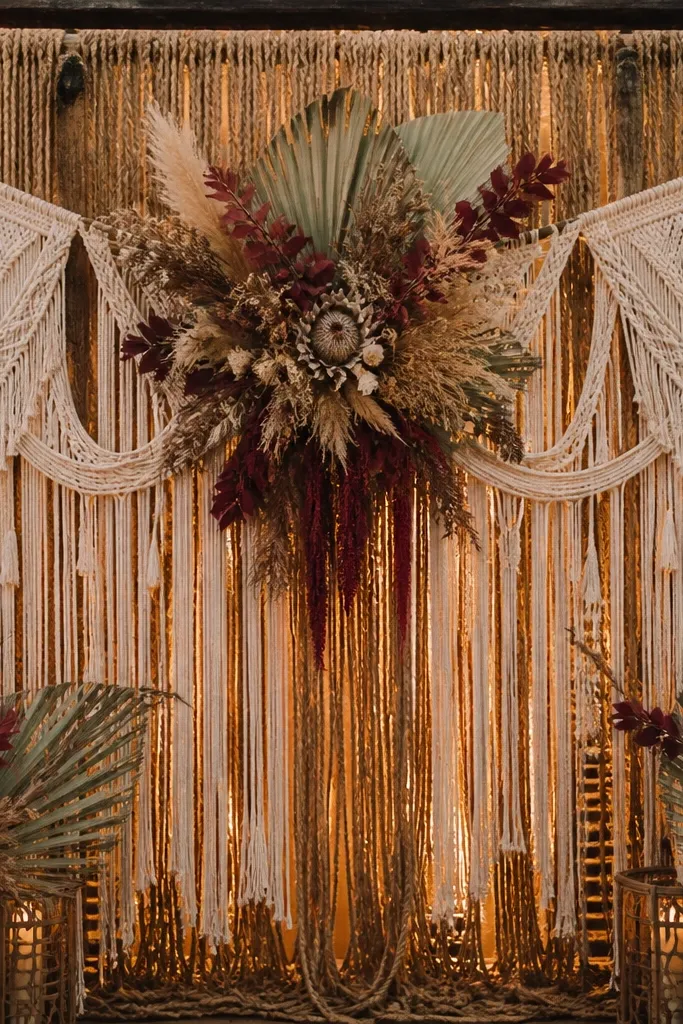Jute and macramé backdrop with a tight cluster of dried flowers