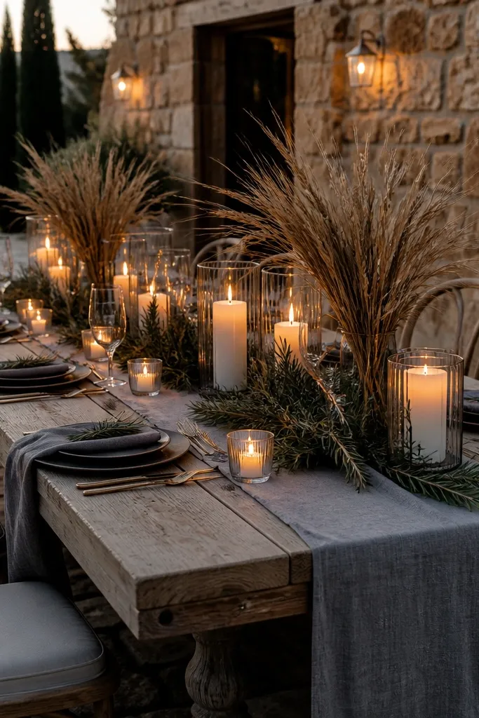 Smoke gray runners on stone patio tables with candles and wheat stems