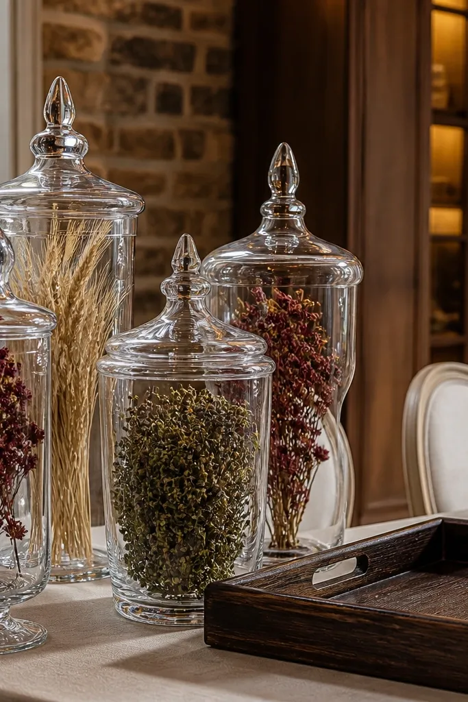 Apothecary jars with dried florals on a rustic gift table