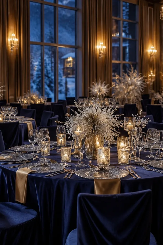 Midnight navy table linens with champagne glassware and frosted silver candle holders