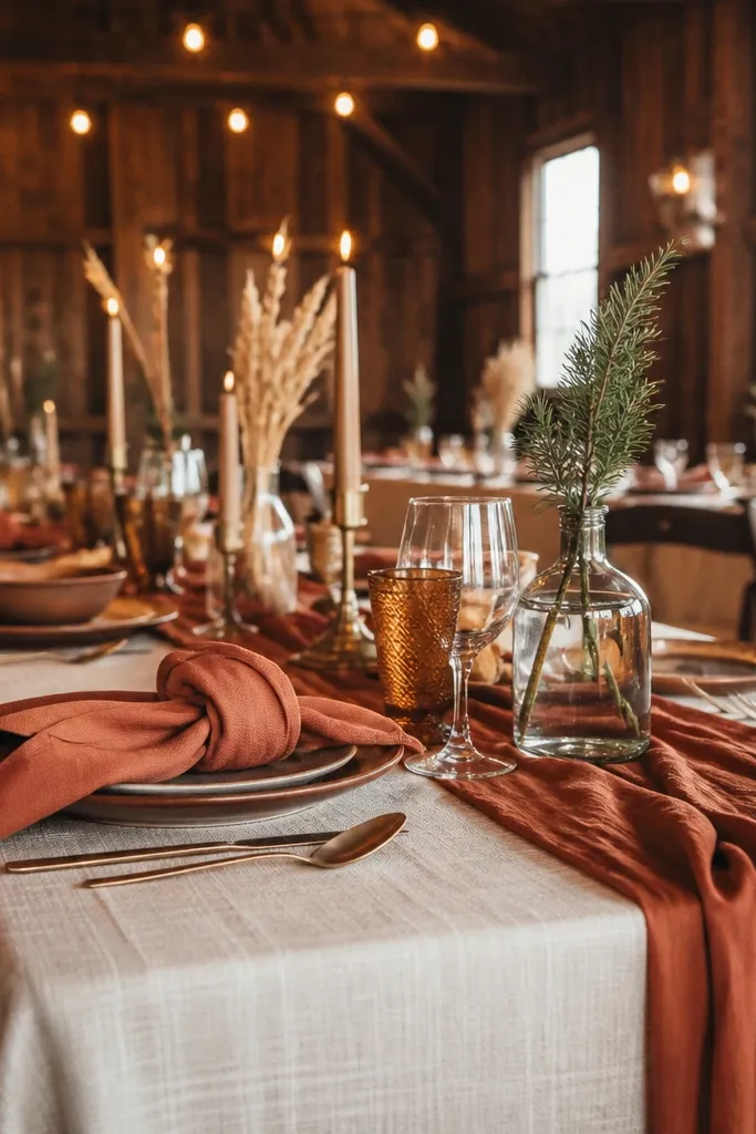 Terracotta terry napkins with cream plates and small evergreen sprigs