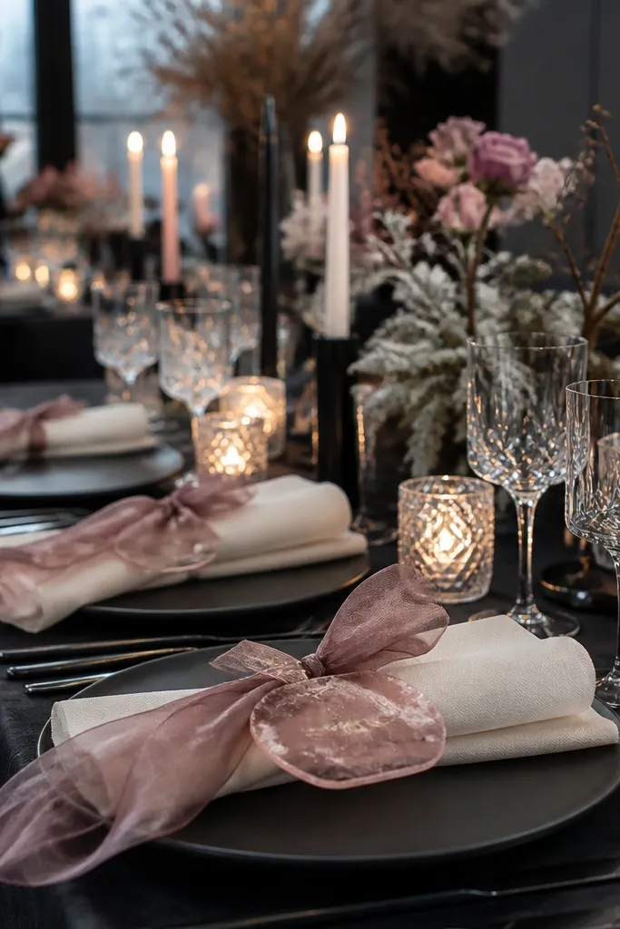 Rose quartz florals with dusty mauve ribbons and charcoal place cards