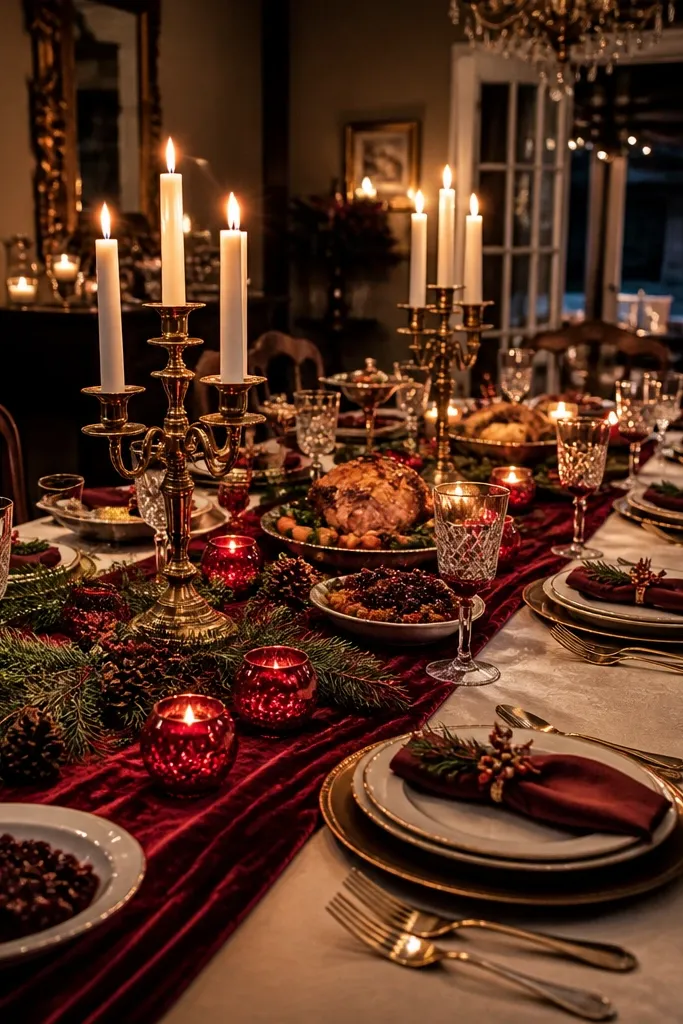 Cranberry table runner with ivory dinnerware and antique brass candle holders