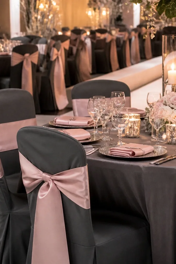 Charcoal table setting with blush pink napkins and silver metallic accents