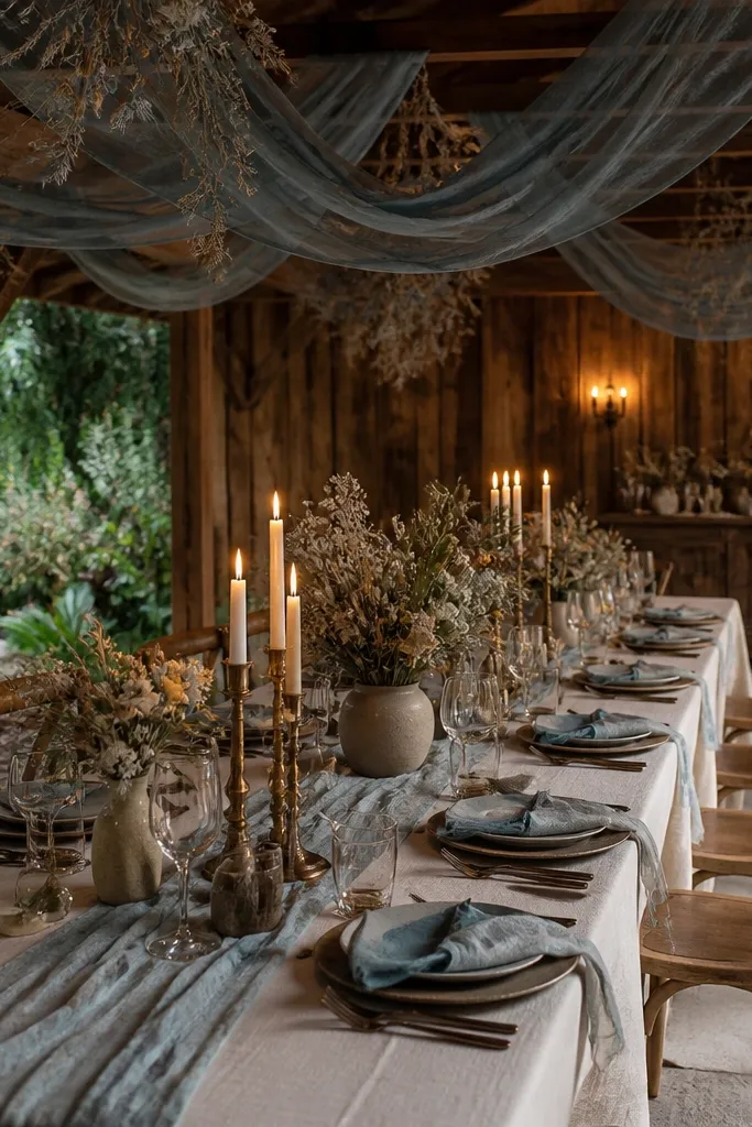 Dusty teal linens with cream plates and bronze candle accents