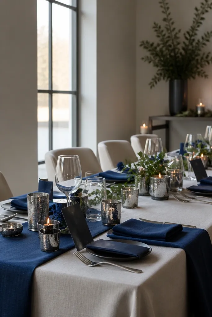 Sapphire blue florals with oat cream table linens and pewter candle holders