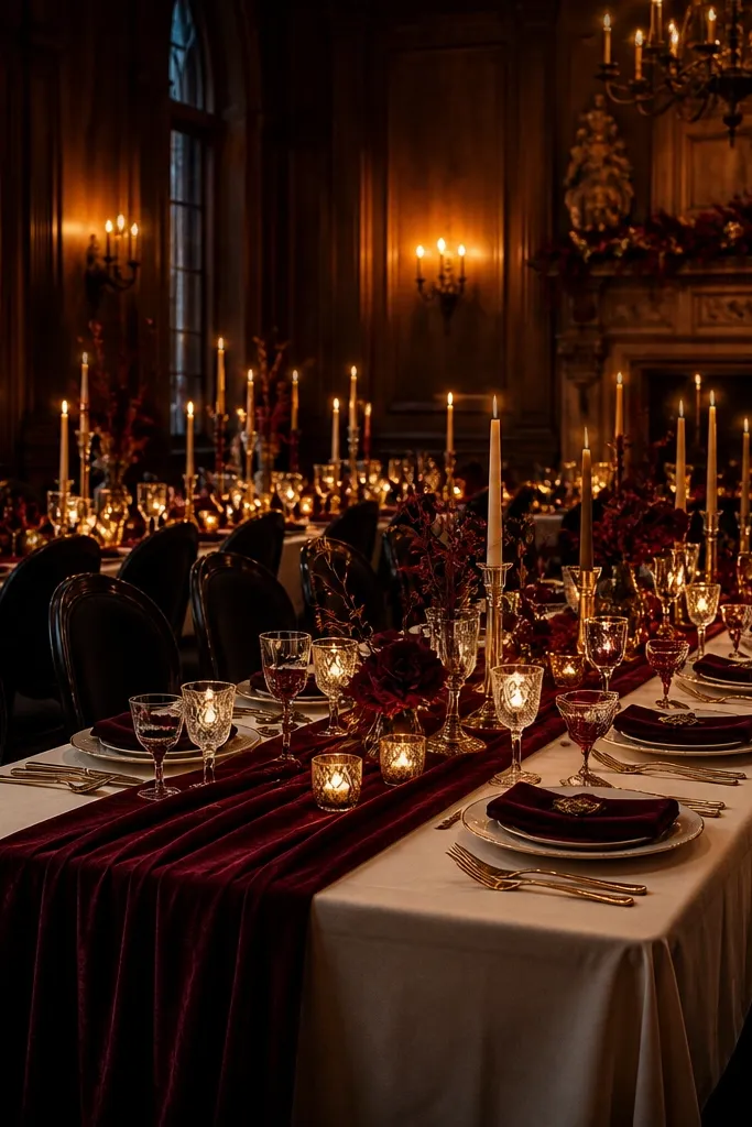 Black cherry table runner with cream linens and soft gold candle accents