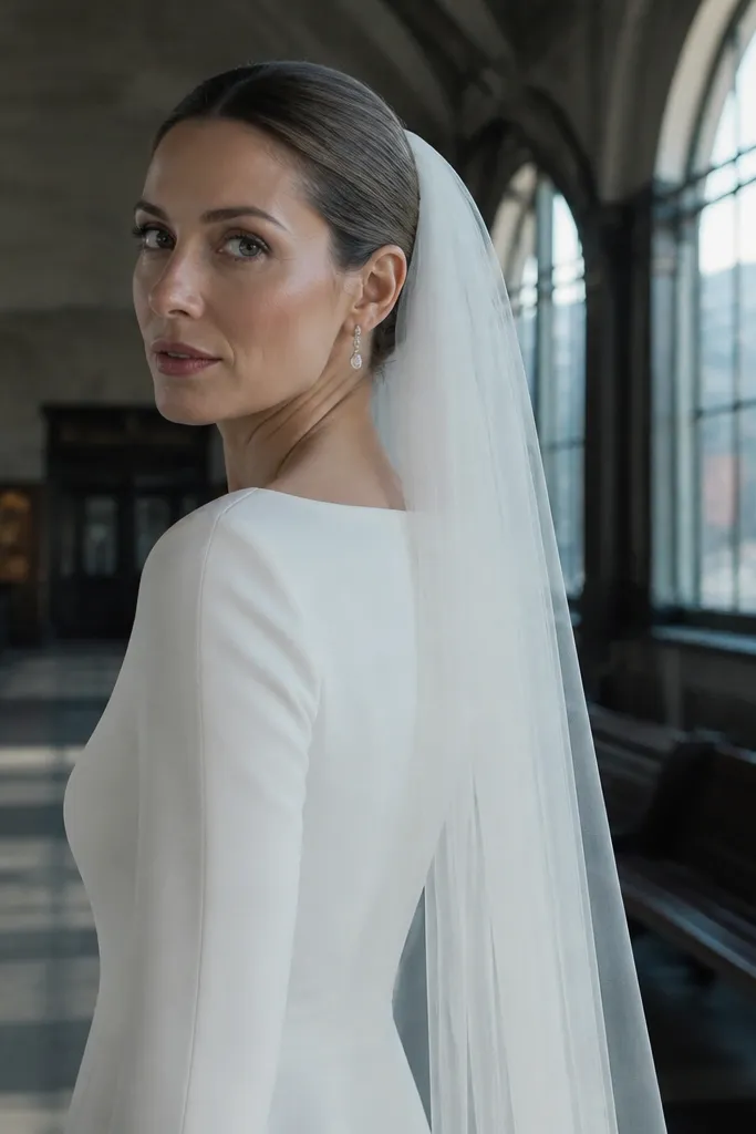 Low sleek bun with a long cathedral veil pinned beneath the bun edge