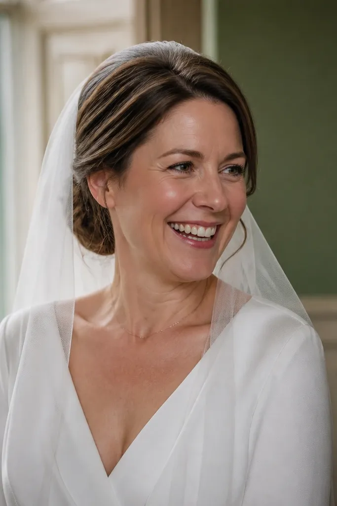Twisted low bun with a short blusher veil framing the cheeks