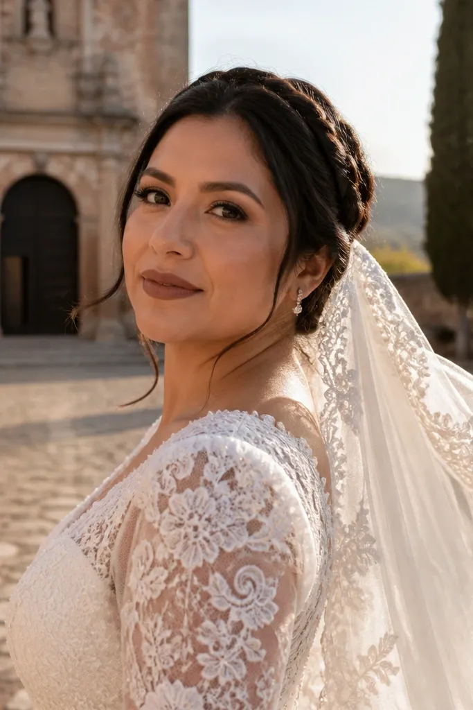 Braided low bun with a lace-edged veil falling from the back