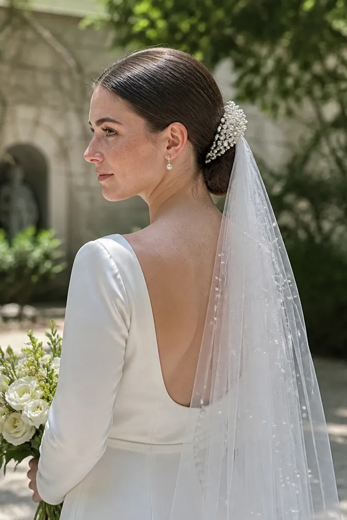 Micro-coiled low bun with a pearl comb veil