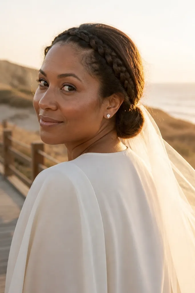 Low bun with subtle braid crown detail and sheer veil