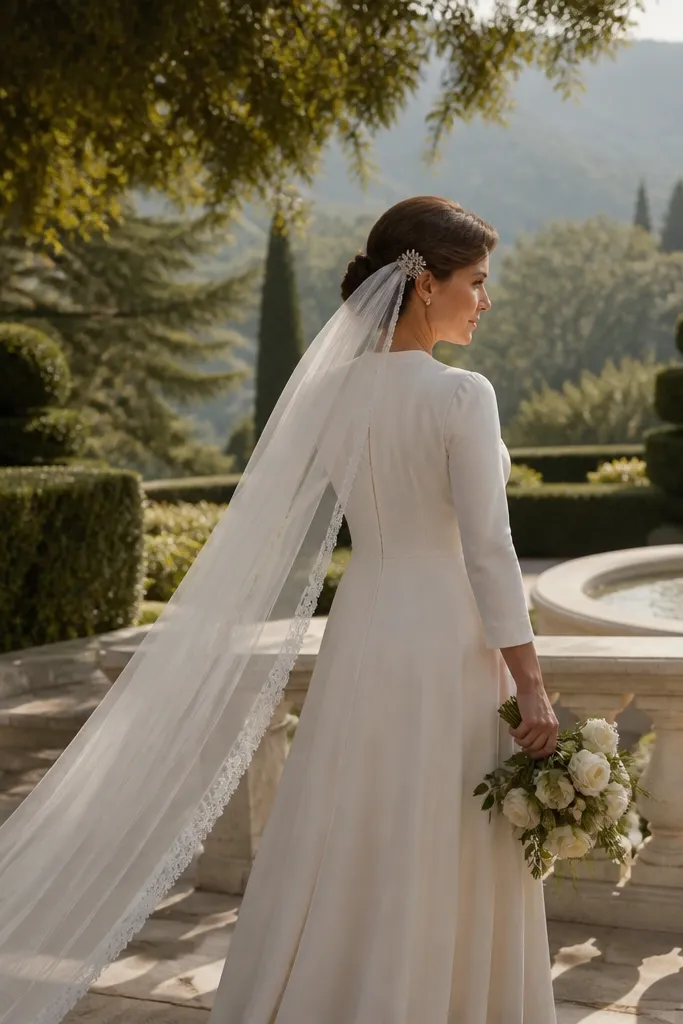 Sculpted low bun with veil comb placed slightly to one side
