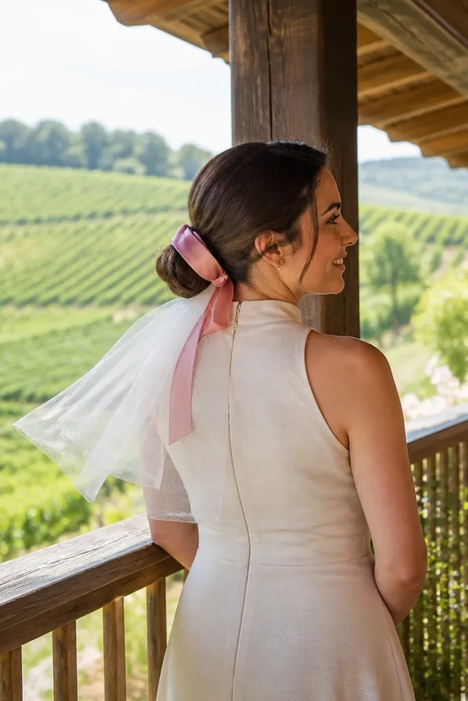 Low bun wrapped with a ribbon and a short tulle veil
