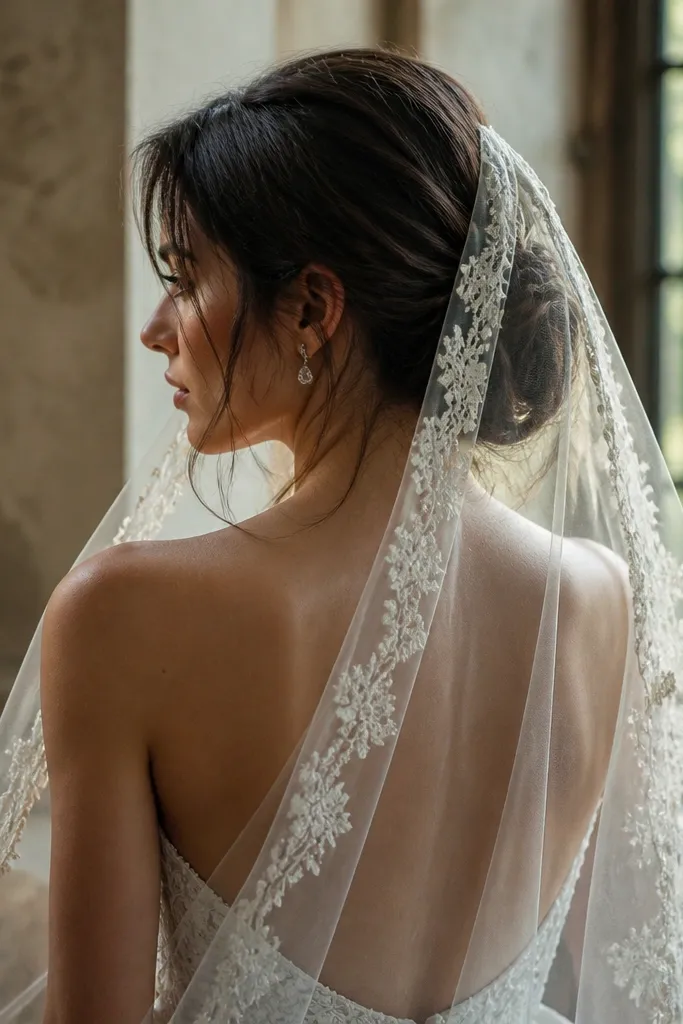 Controlled messy low bun with a mantilla-style lace veil
