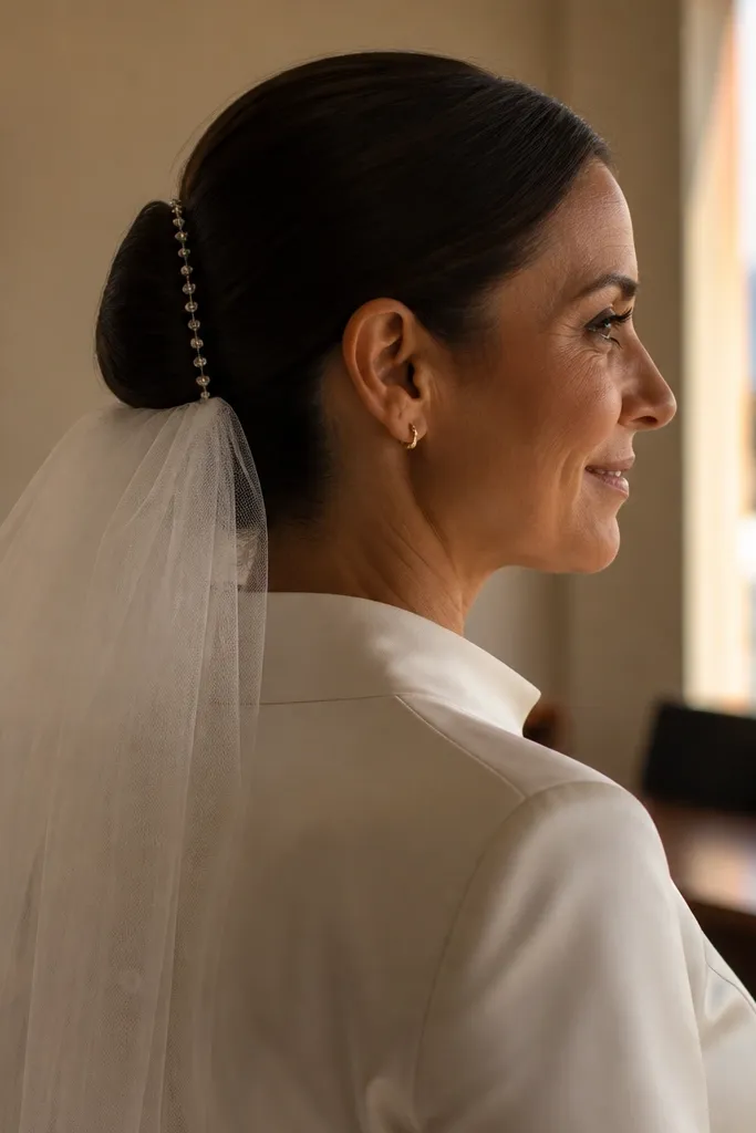 Low bun with visible tidy pin structure holding a veil in place