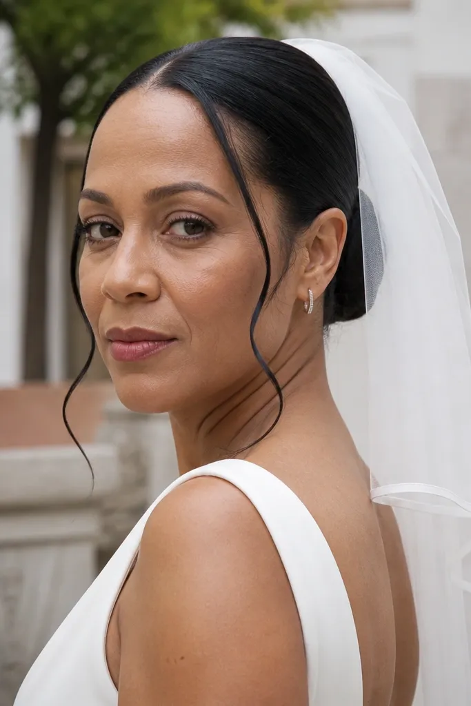 Sleek low bun with face-framing tendrils and fingertip veil edge