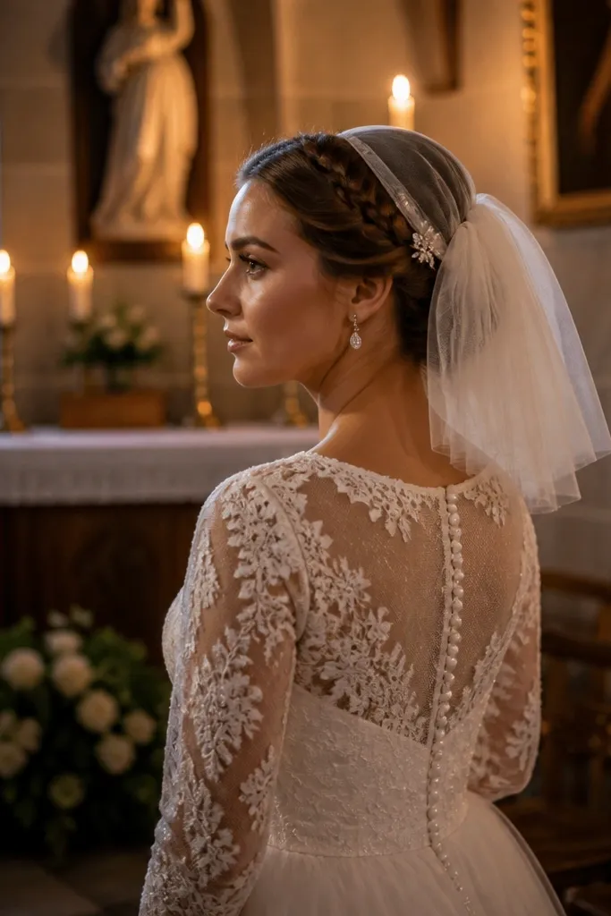 Low bun with braided halo strip and short veillet