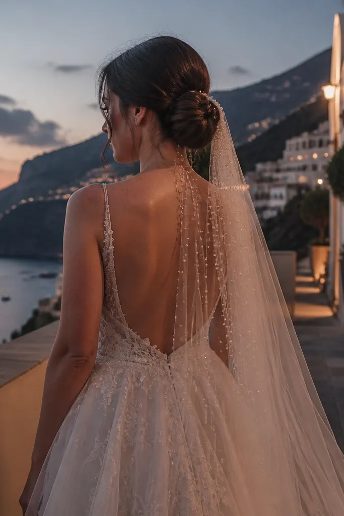 Coiled low bun with a pearl chain veil drape