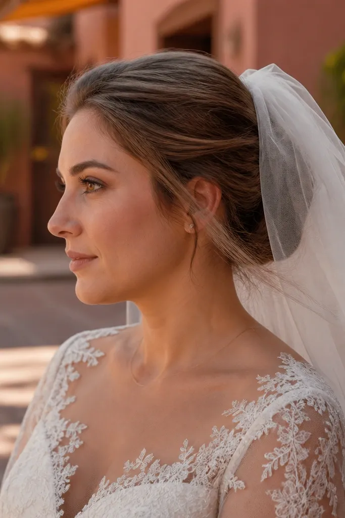 Low bun with looped twist and sheer organza veil