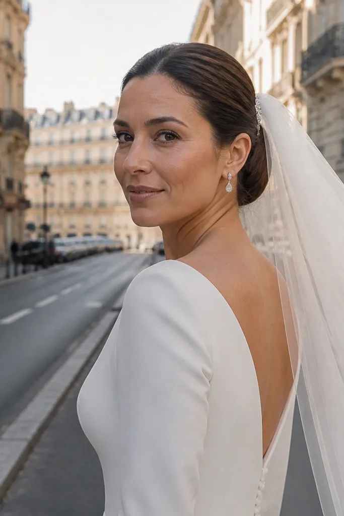 Sleek low bun with a veil attached near the temple