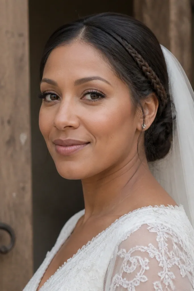 Low bun with a small braid tucked into the side seam