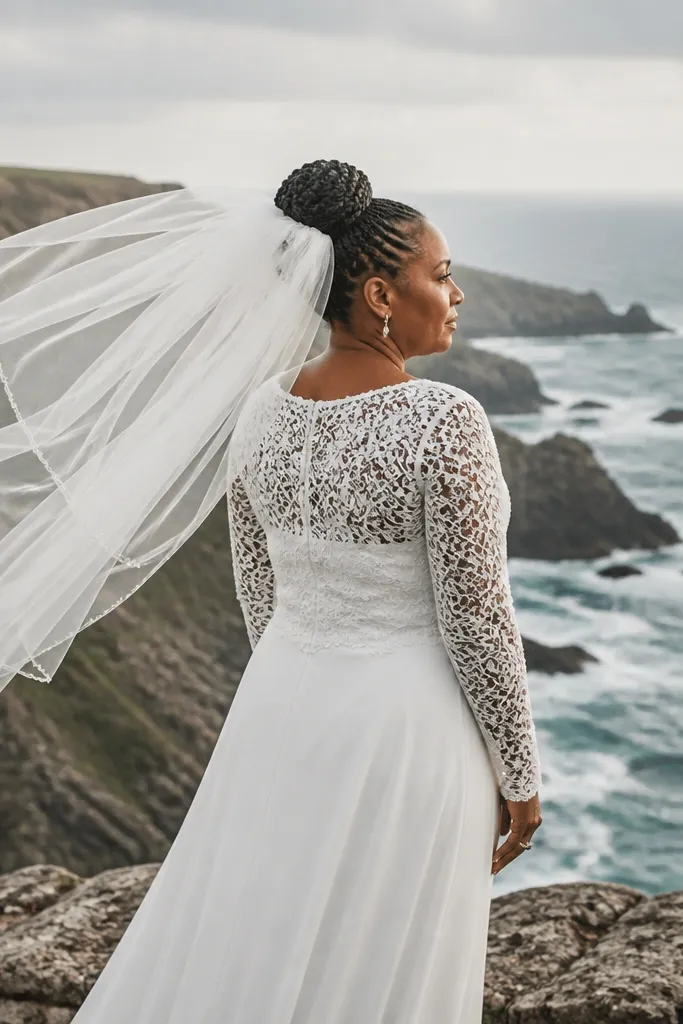Braided low bun with veil fabric floating above the shoulders