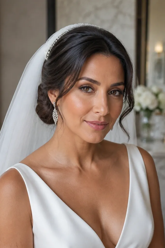 Low bun with curled fringe tucked under a veil comb