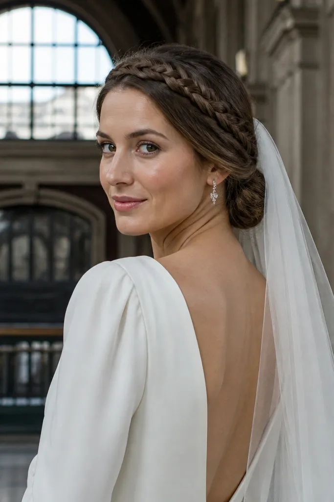 Low bun with braided crown accent and a long narrow veil