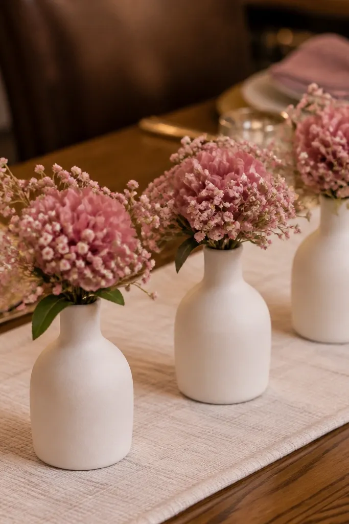 Three ivory bud vases with dusty rose mini flowers on a cream table runner