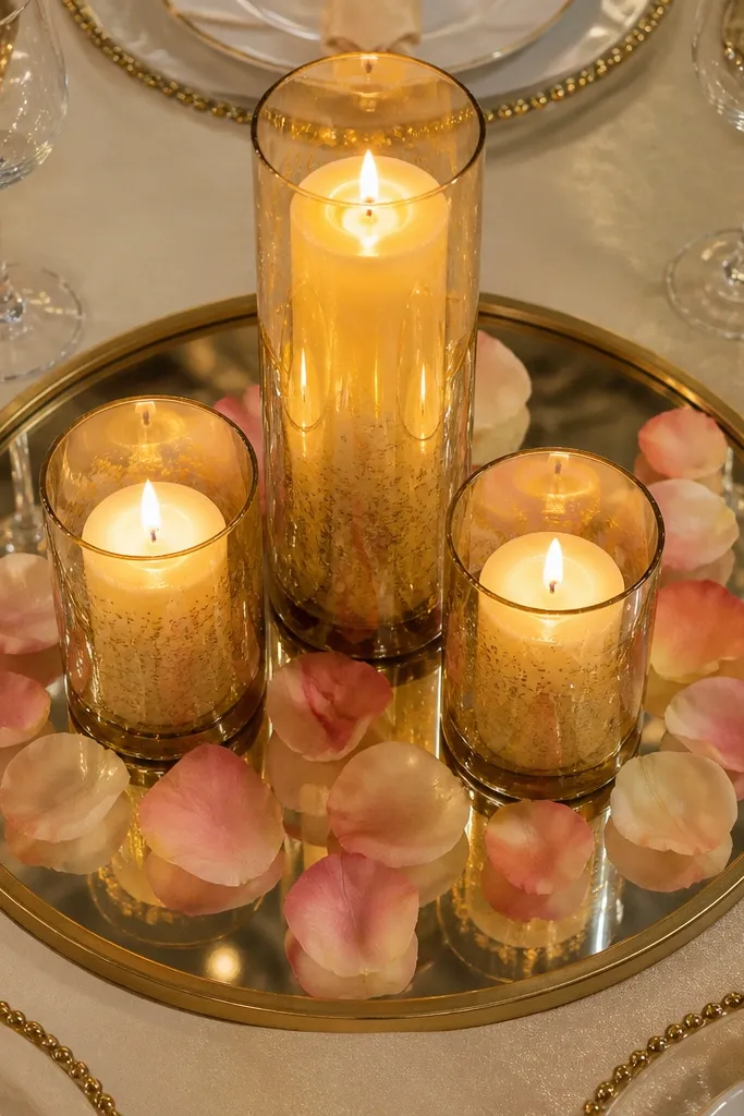 Gold candles on a small mirrored tray with scattered faux rose petals