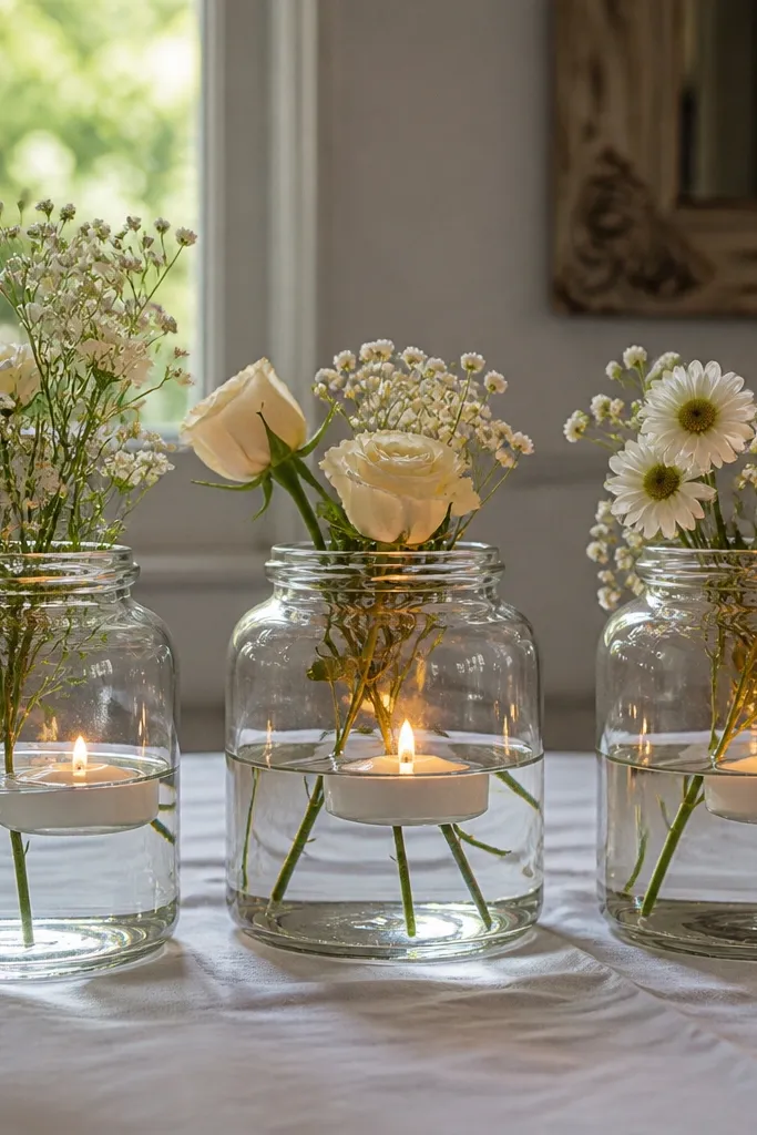 Clear jars with short flower stems and floating tea lights on a white tablecloth