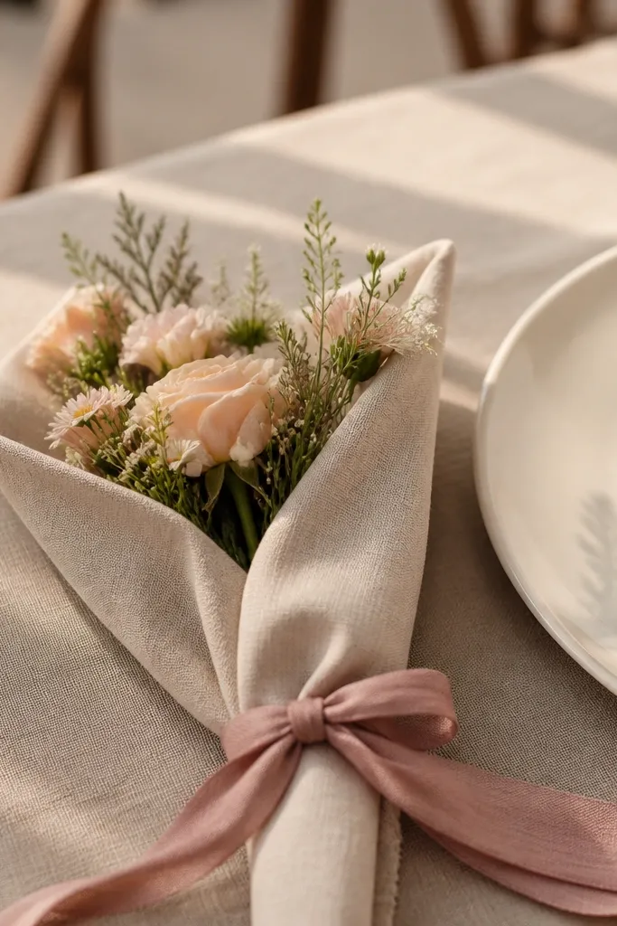 Folded linen napkins wrapped around a small bouquet with a sage ribbon