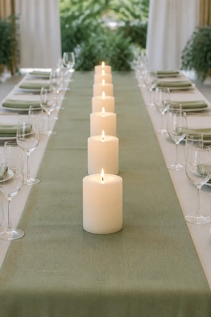 Sage runner with three white pillar candles in a straight line