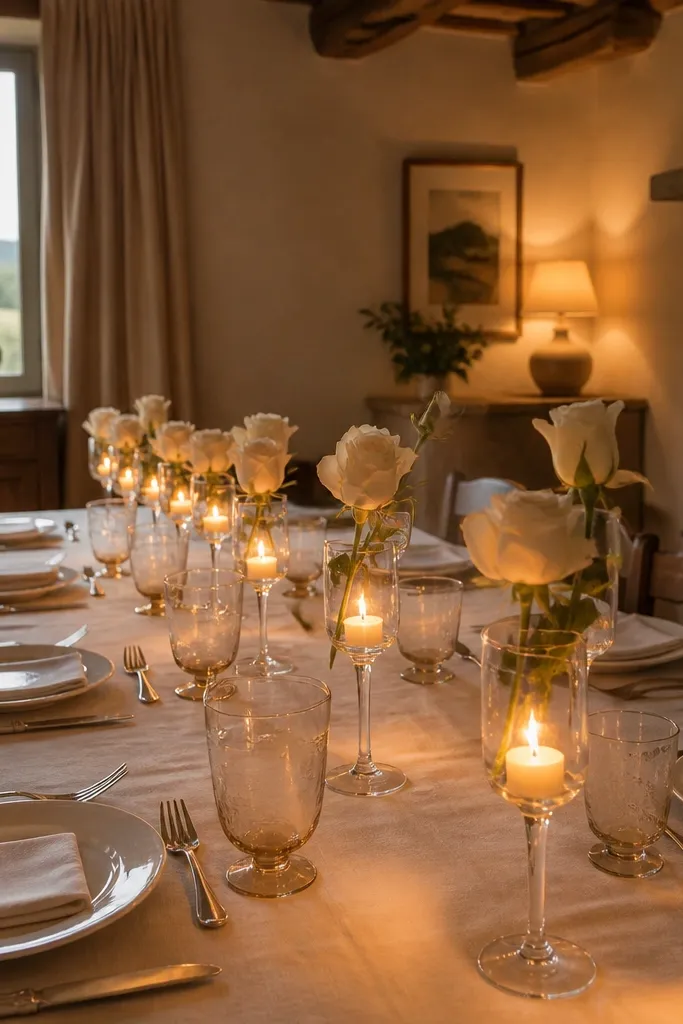 Champagne glass votives with one rose stem each along a table